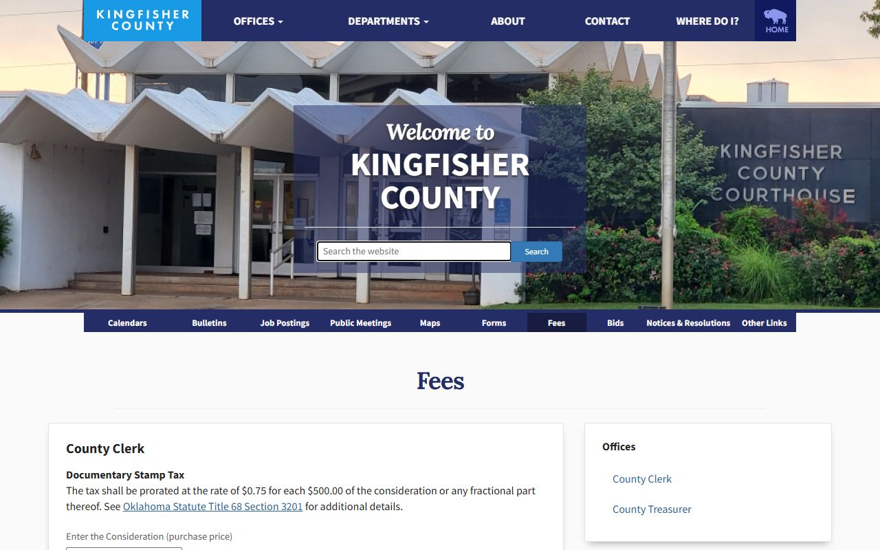 Kingfisher County official fee table for court and county records copies