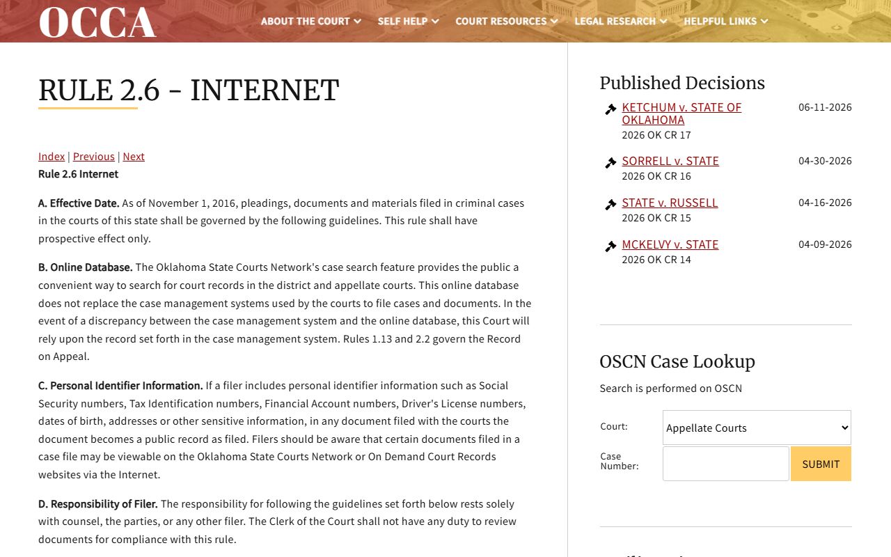 OCCA Rule 2.6 governing Kingfisher County court dockets online