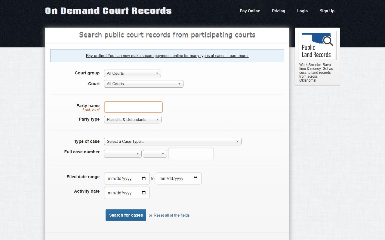 Kingfisher County court dockets search on the ODCR alternate portal