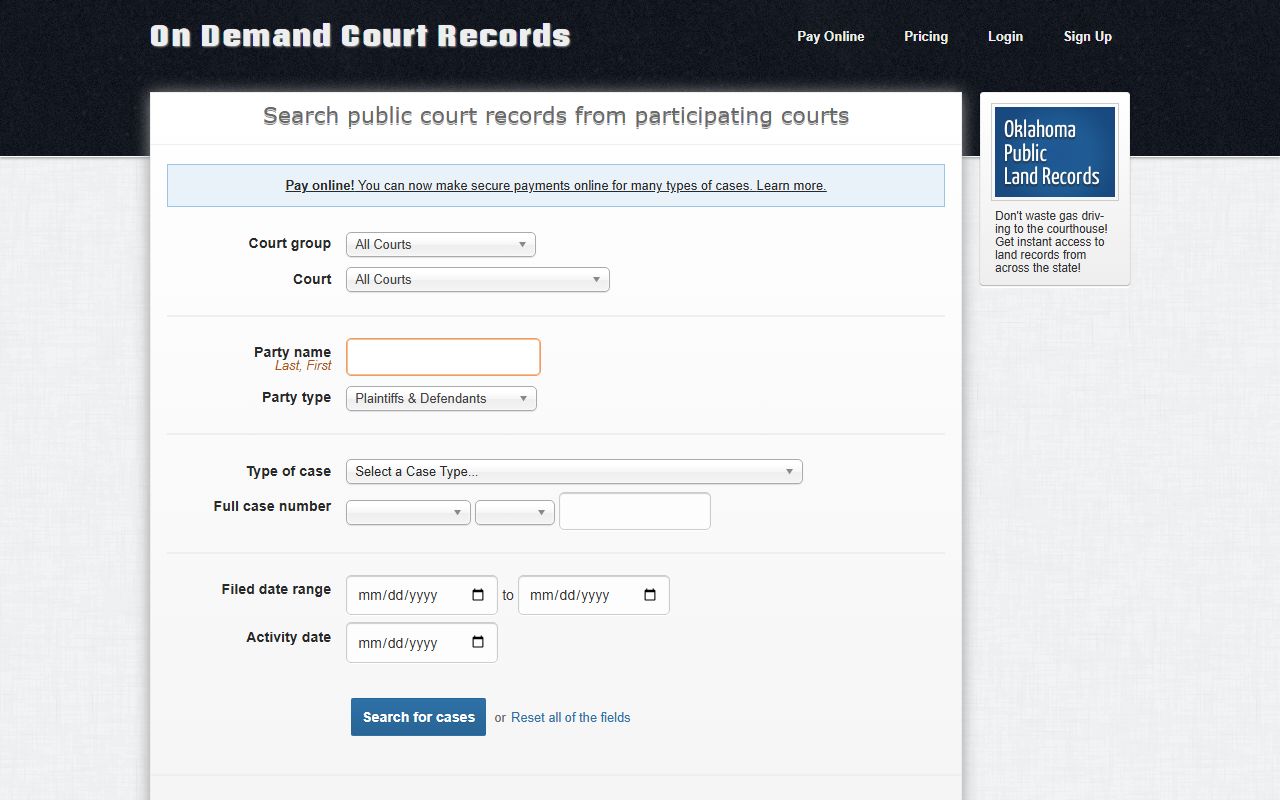Kingfisher County court records search on the ODCR portal