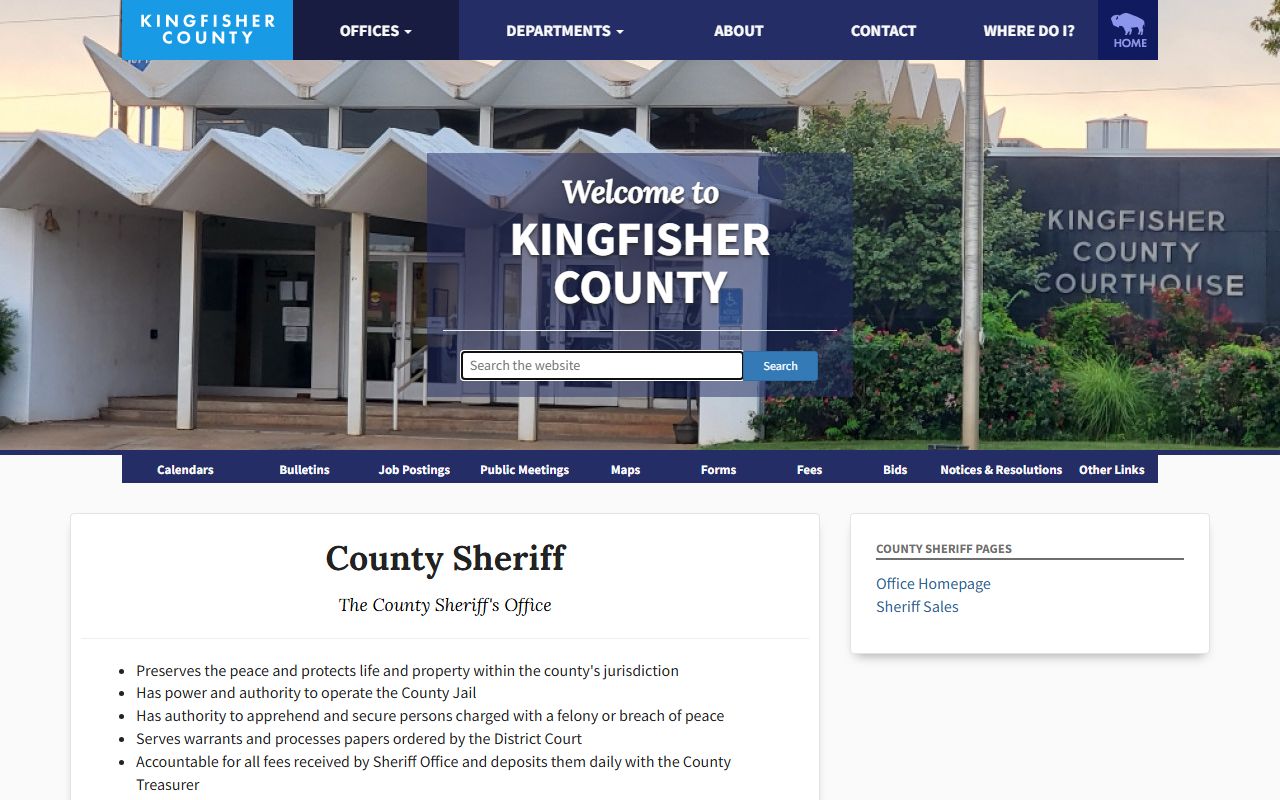 Kingfisher County sheriff duties page tied to jail and arrest records
