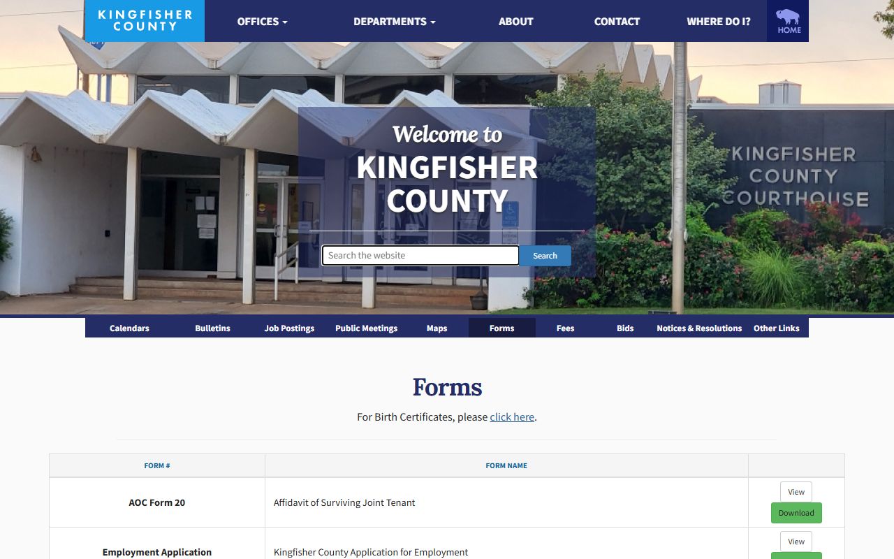 Kingfisher County marriage records and county forms page