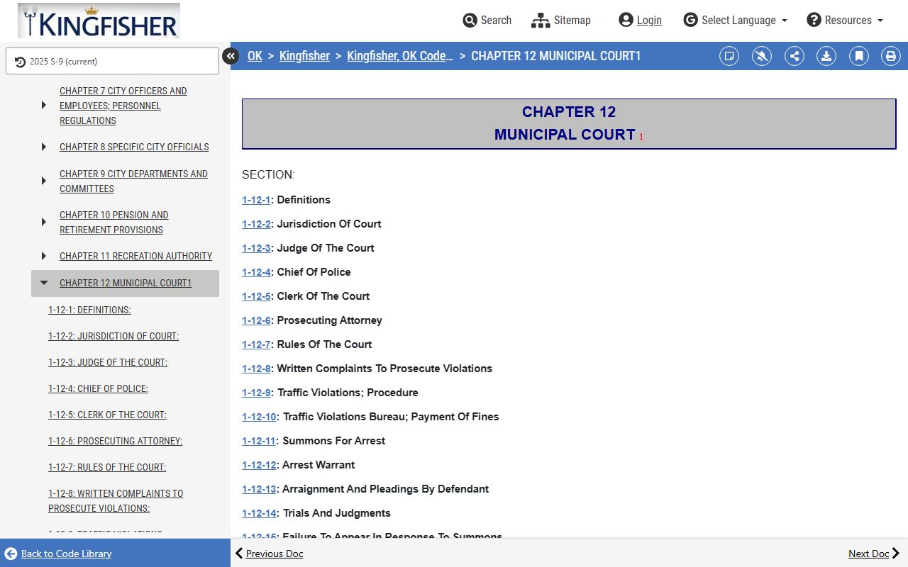 Kingfisher County municipal traffic court records under the City of Kingfisher code